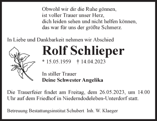 Traueranzeige von Rolf Schlieper von Volksstimme Haldensleben/Wolmirstedt