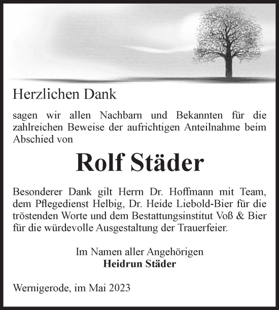 Traueranzeige von Rolf Städer von Volksstimme Wernigerode