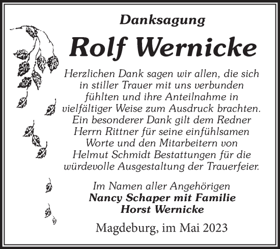 Traueranzeige von Rolf Wernicke von Volksstimme Magdeburg