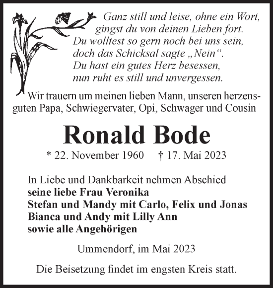 Traueranzeige von Ronald Bode von Volksstimme Oschersleben/Wanzleben
