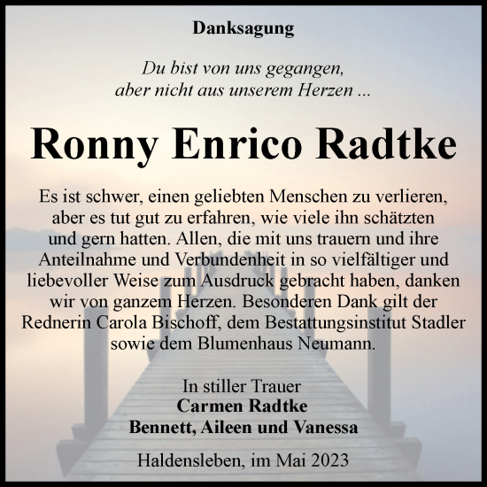 Traueranzeige von Ronny Enrico Radtke von Volksstimme Haldensleben/Wolmirstedt