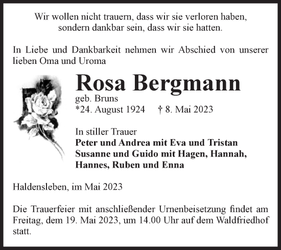 Traueranzeige von Rosa Bergmann von Volksstimme Haldensleben/Wolmirstedt