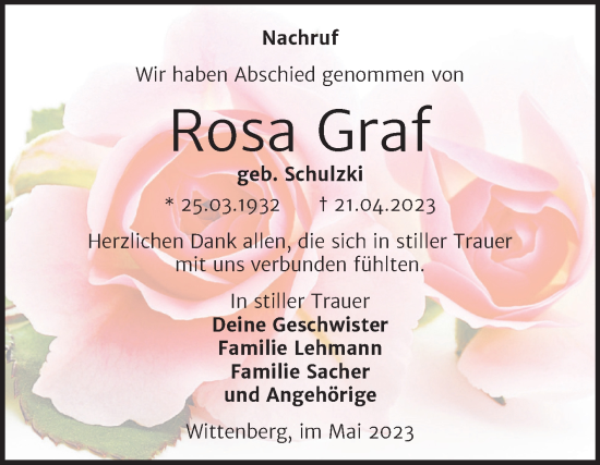 Traueranzeige von Rosa Graf von Trauerkombi Wittenberg