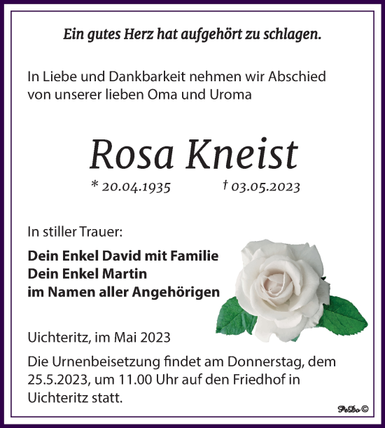 Traueranzeige von Rosa Kneist von Trauerkombi Weißenfels