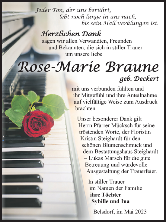 Traueranzeige von Rose-Marie Braune von Volksstimme Oschersleben/Wanzleben