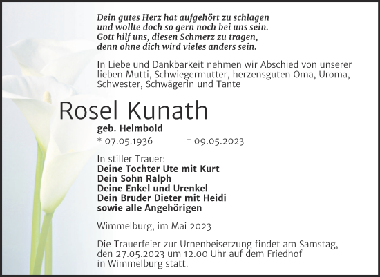 Traueranzeige von Rosel Kunath von Trauerkombi Mansfelder Land