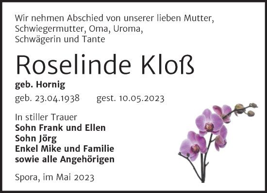 Traueranzeige von Roselinde Kloß von Trauerkombi Zeitz