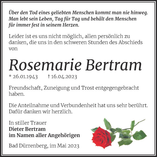 Traueranzeige von Rosemarie Bertram von Trauerkombi Merseburg