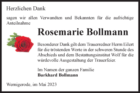 Traueranzeige von Rosemarie Bollmann von Volksstimme Wernigerode