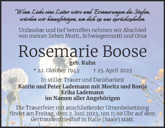 Traueranzeige von Rosemarie Boose von Mitteldeutsche Zeitung Halle/Saalkreis