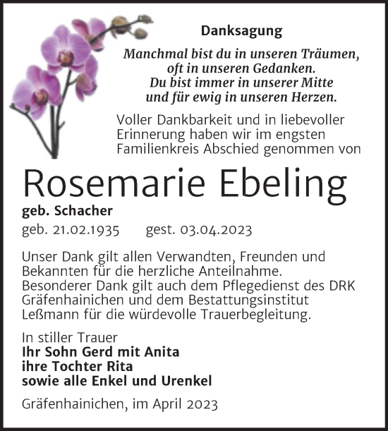 Traueranzeige von Rosemarie Ebeling von Trauerkombi Wittenberg