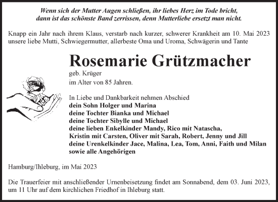 Traueranzeige von Rosemarie Grützmacher von Volksstimme Burg/Genthin