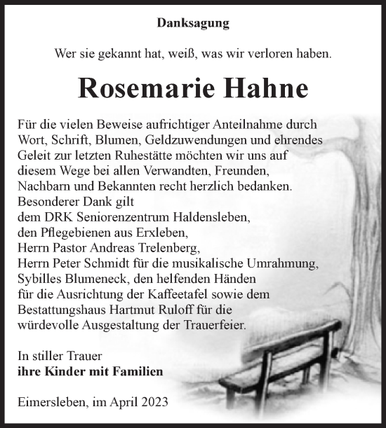 Traueranzeige von Rosemarie Hahne von Volksstimme Haldensleben/Wolmirstedt