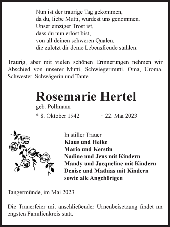 Traueranzeige von Rosemarie Hertel von Volksstimme Altmark Ost