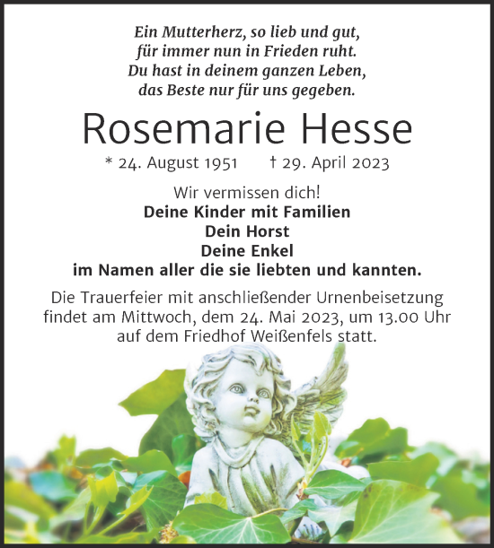 Traueranzeige von Rosemarie Hesse von Trauerkombi Weißenfels