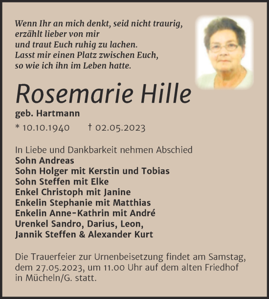 Traueranzeige von Rosemarie Hille von Trauerkombi Merseburg