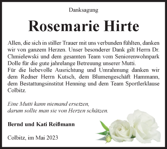 Traueranzeige von Rosemarie Hirte von Volksstimme Haldensleben/Wolmirstedt