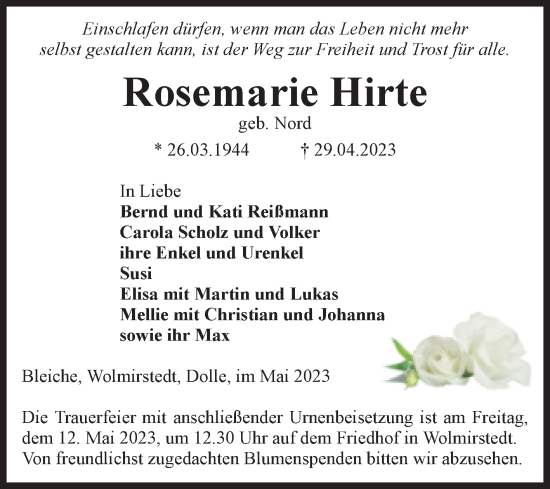 Traueranzeige von Rosemarie Hirte von Volksstimme Haldensleben/Wolmirstedt