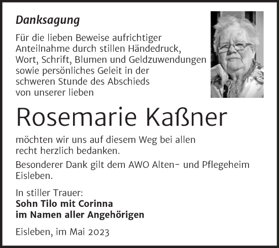 Traueranzeige von Rosemarie Kaßner von Trauerkombi Mansfelder Land
