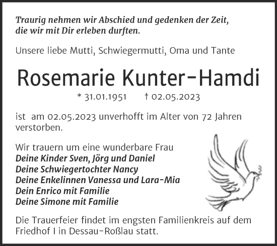 Traueranzeige von Rosemarie Kunter-Hamdi von Trauerkombi Dessau