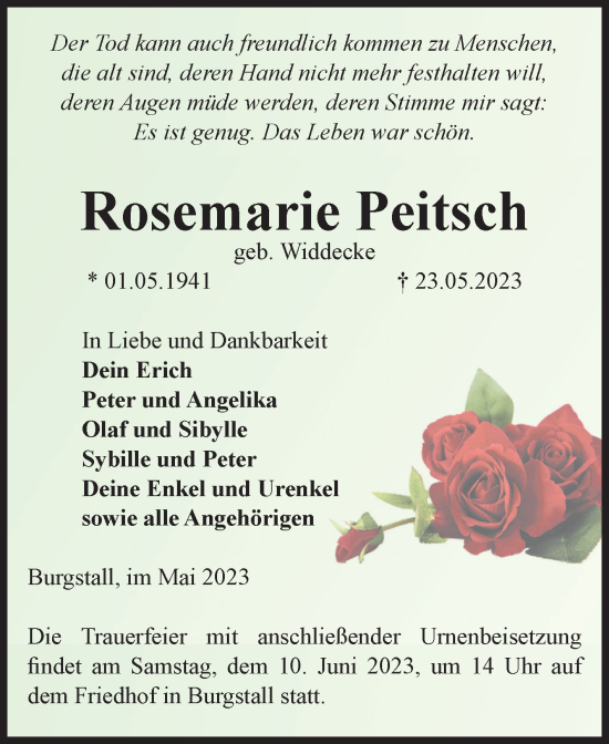 Traueranzeige von Rosemarie Peitsch von Volksstimme Haldensleben/Wolmirstedt