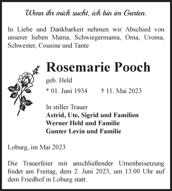 Traueranzeige von Rosemarie Pooch von Volksstimme Zerbst