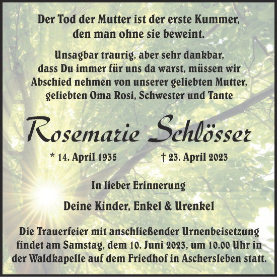 Traueranzeige von Rosemarie Schlösser von Trauerkombi Aschersleben