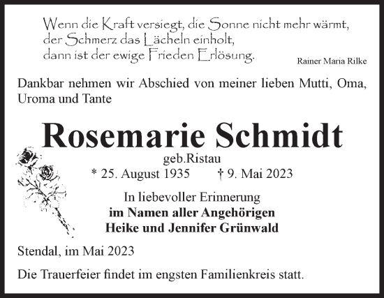 Traueranzeige von Rosemarie Schmidt von Volksstimme Altmark Ost