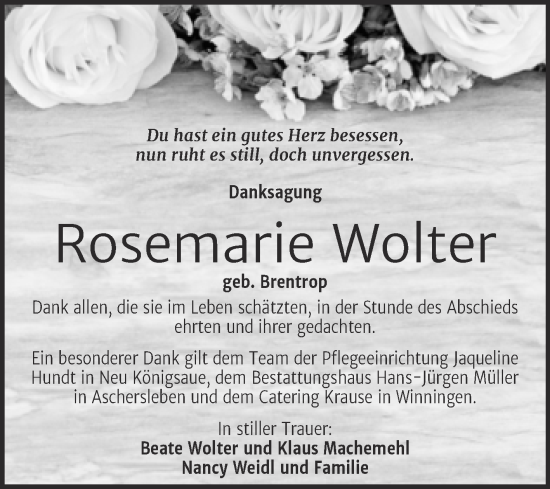Traueranzeige von Rosemarie Wolter von Trauerkombi Aschersleben