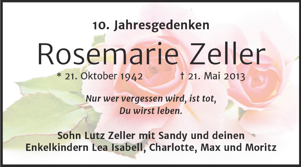  Traueranzeige für Rosemarie Zeller vom 20.05.2023 aus Trauerkombi Bitterfeld