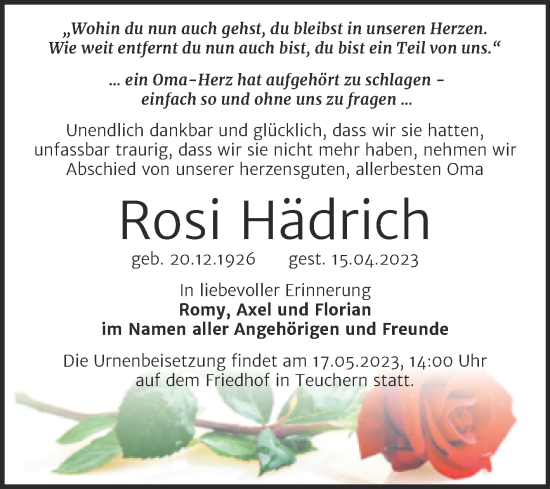 Traueranzeige von Rosi Hädrich von Trauerkombi Weißenfels