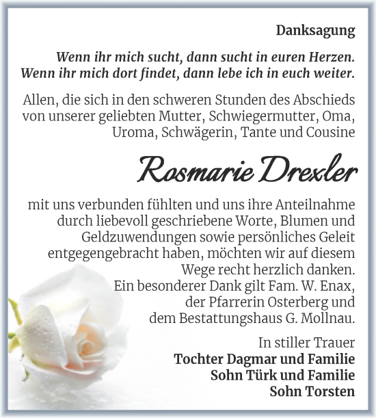 Traueranzeige von Rosmarie Drexler von Trauerkombi Merseburg
