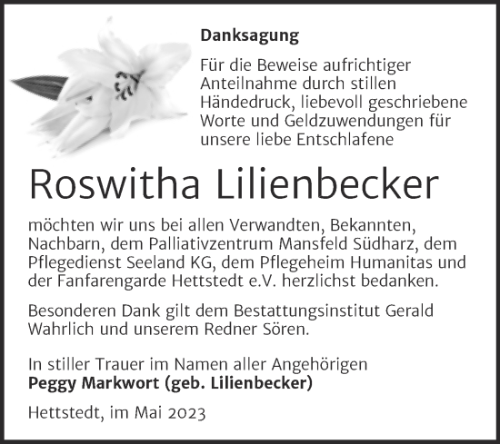 Traueranzeige von Roswitha Lilienbecker von Mitteldeutsche Zeitung Mansfelder Land