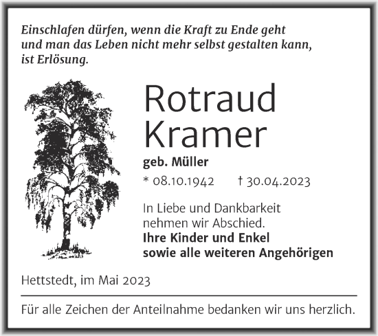 Traueranzeige von Rotraud Kramer von Trauerkombi Mansfelder Land
