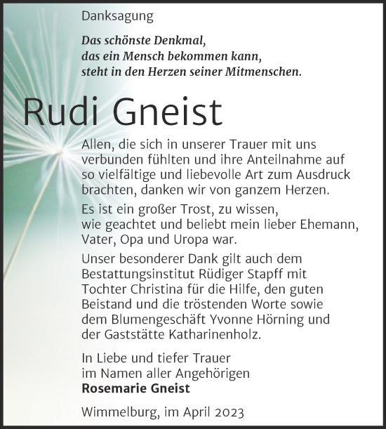 Traueranzeige von Rudi Gneist von Trauerkombi Mansfelder Land