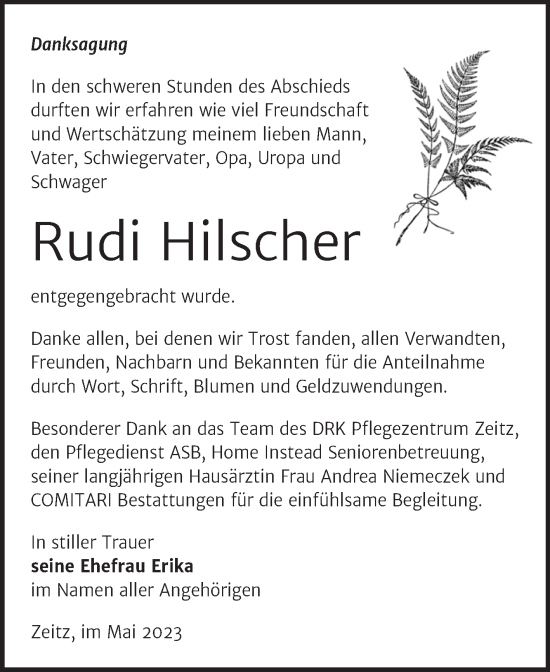 Traueranzeige von Rudi Hilscher von Trauerkombi Zeitz