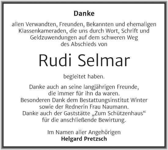 Traueranzeige von Rudi Selmar von Trauerkombi Bitterfeld