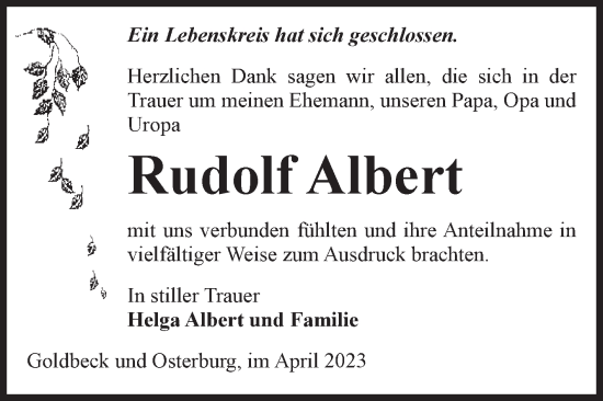 Traueranzeige von Rudolf Albert von Volksstimme Altmark Ost
