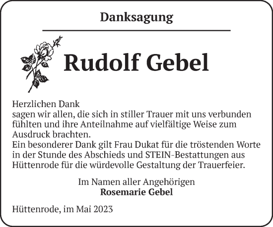 Traueranzeige von Rudolf Gebel von Volksstimme Wernigerode