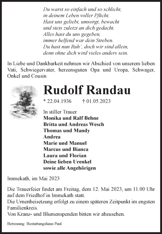 Traueranzeige von Rudolf Randau von Volksstimme Altmark West