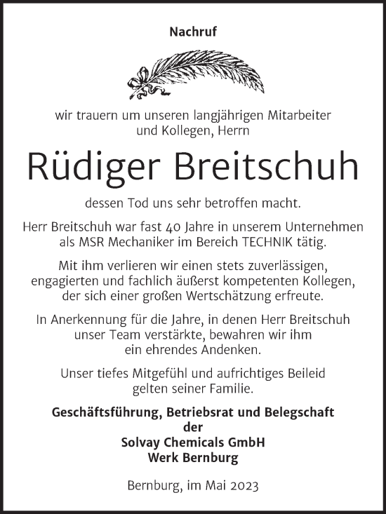 Traueranzeige von Rüdiger Breitschuh von Mitteldeutsche Zeitung Bernburg