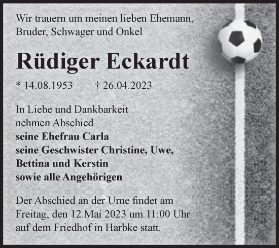 Traueranzeige von Rüdiger Eckardt von Volksstimme Oschersleben/Wanzleben