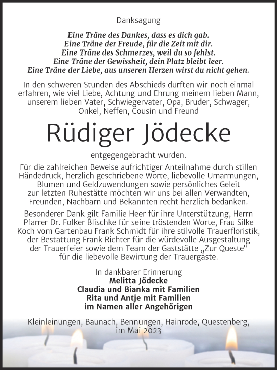 Traueranzeige von Rüdiger Jödecke von Trauerkombi Sangerhausen