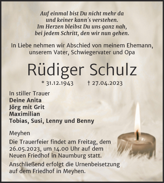 Traueranzeige von Rüdiger Schulz von Wochenspiegel Naumburg/Nebra
