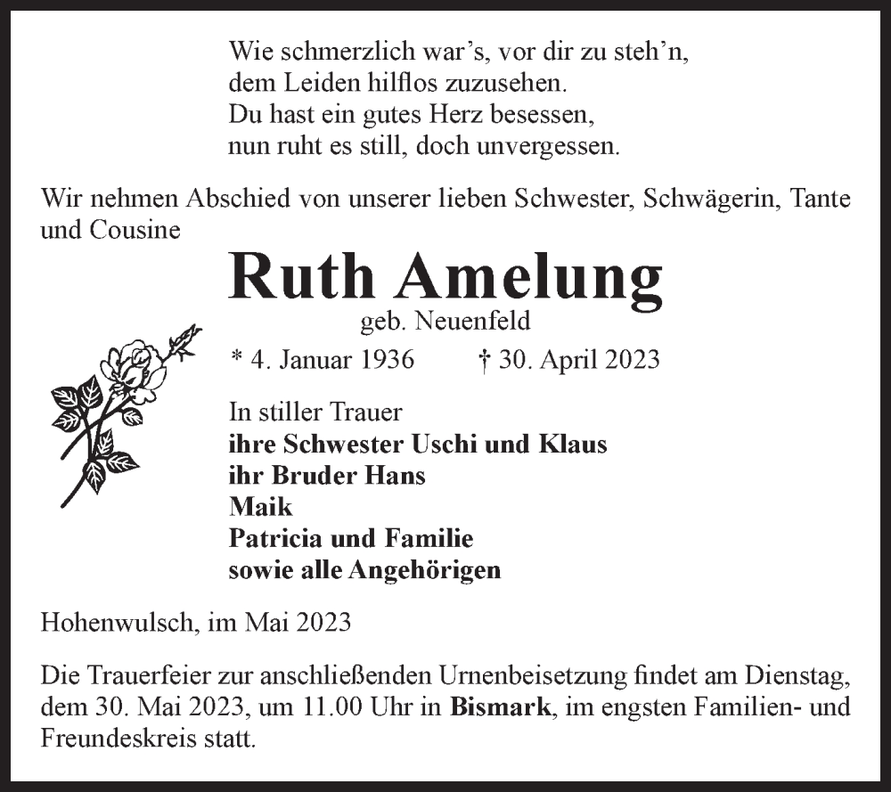  Traueranzeige für Ruth Amelung vom 13.05.2023 aus Volksstimme Altmark Ost