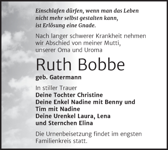 Traueranzeige von Ruth Bobbe von Trauerkombi Bitterfeld