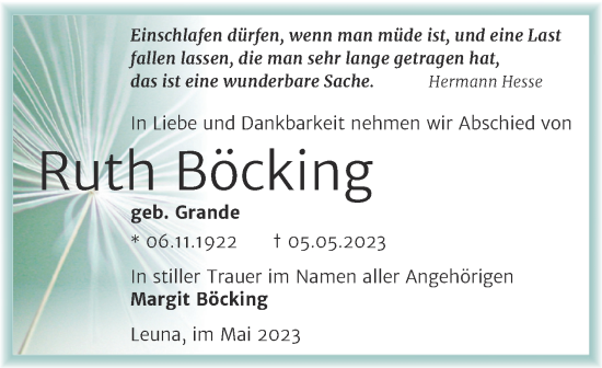 Traueranzeige von Ruth Böcking von Trauerkombi Merseburg