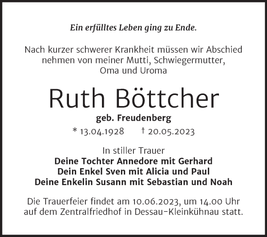 Traueranzeige von Ruth Böttcher von Trauerkombi Dessau