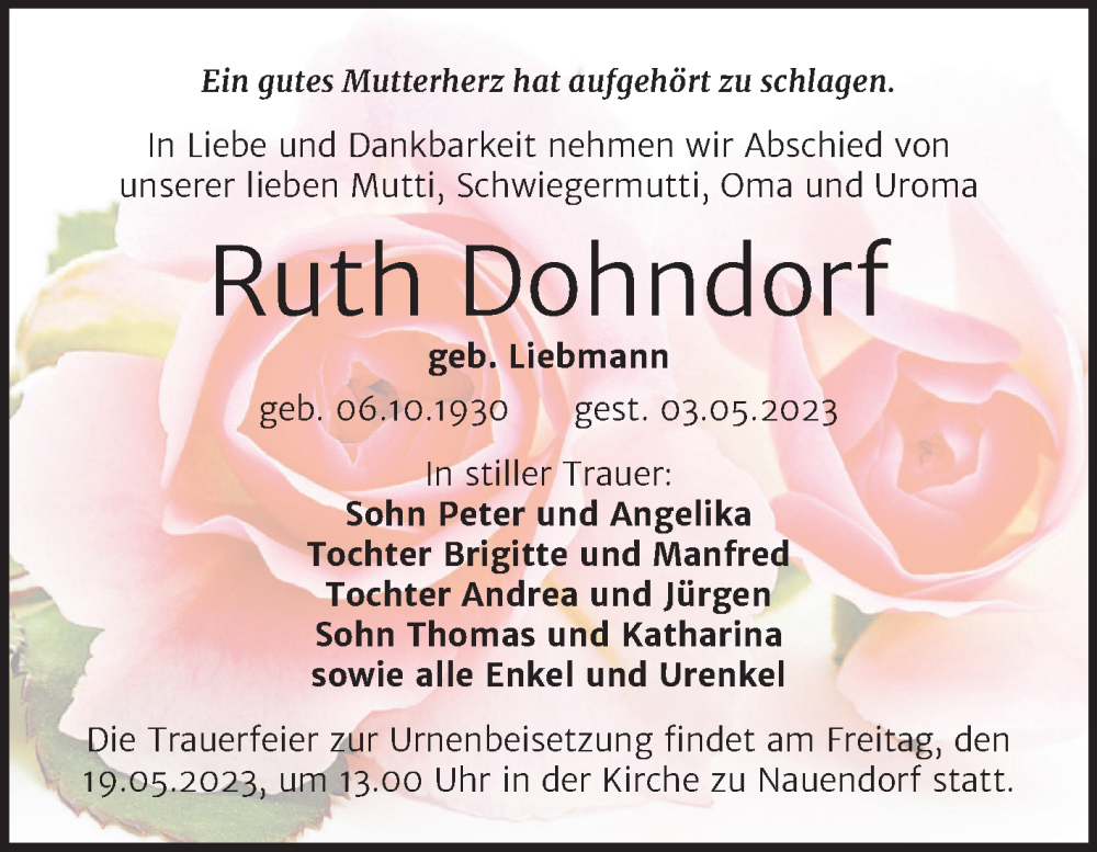  Traueranzeige für Ruth Dohndorf vom 13.05.2023 aus Mitteldeutsche Zeitung