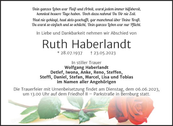 Traueranzeige von Ruth Haberlandt von Trauerkombi Bernburg